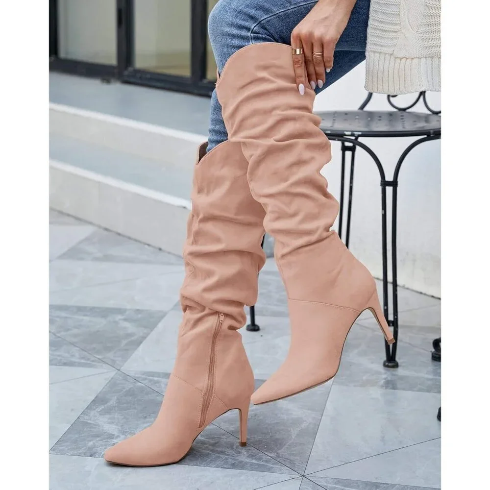 WomenFaux SuedeLight Pink Knee High Almond Toe Side Zipper Stiletto Heel Booties